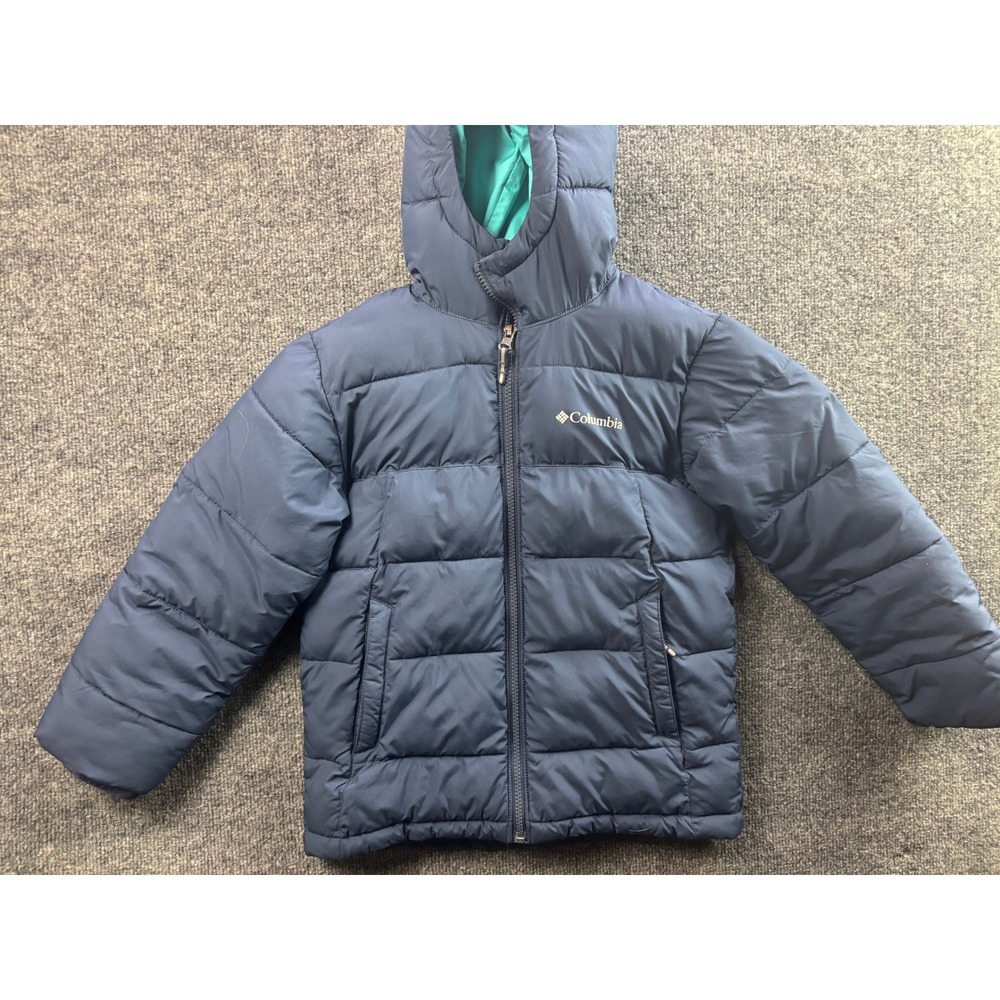 Columbia Puffer Jacket Kids S (8) Navy Blue Omni-Heat Outgrown Hooded Coat